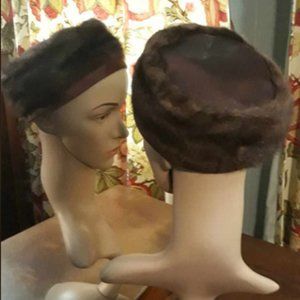 Vintage mink and russet colored taffeta pillbox style hat.